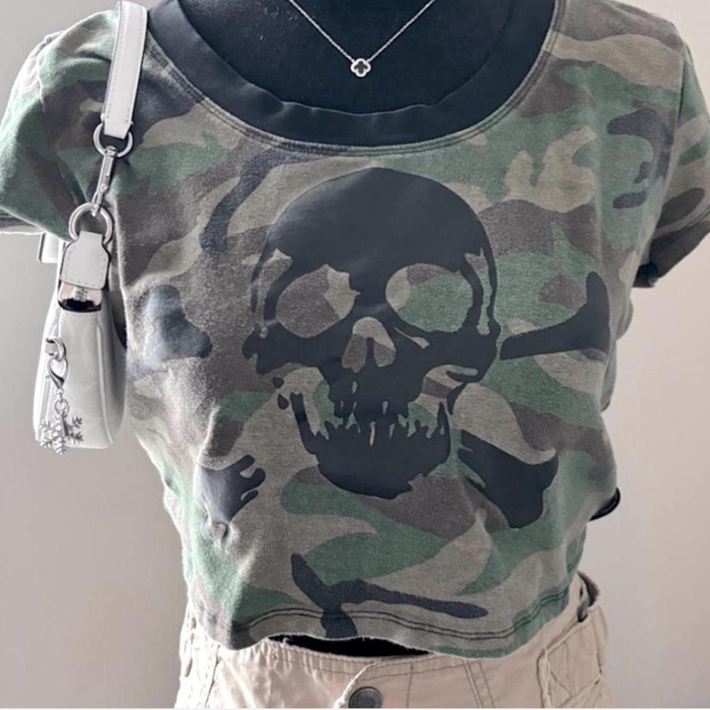Tripp NYC Green Camouflage Skull Crop Top